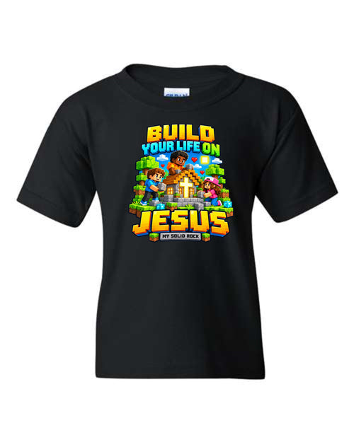 Black Build Your Life on Jesus youth graphic T-shirt