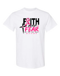 White Faith Over Fear breast cancer awareness t-shirt with pink ribbon and cross