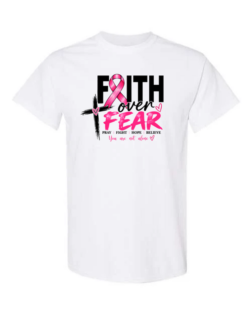 White Faith Over Fear breast cancer awareness t-shirt with pink ribbon and cross