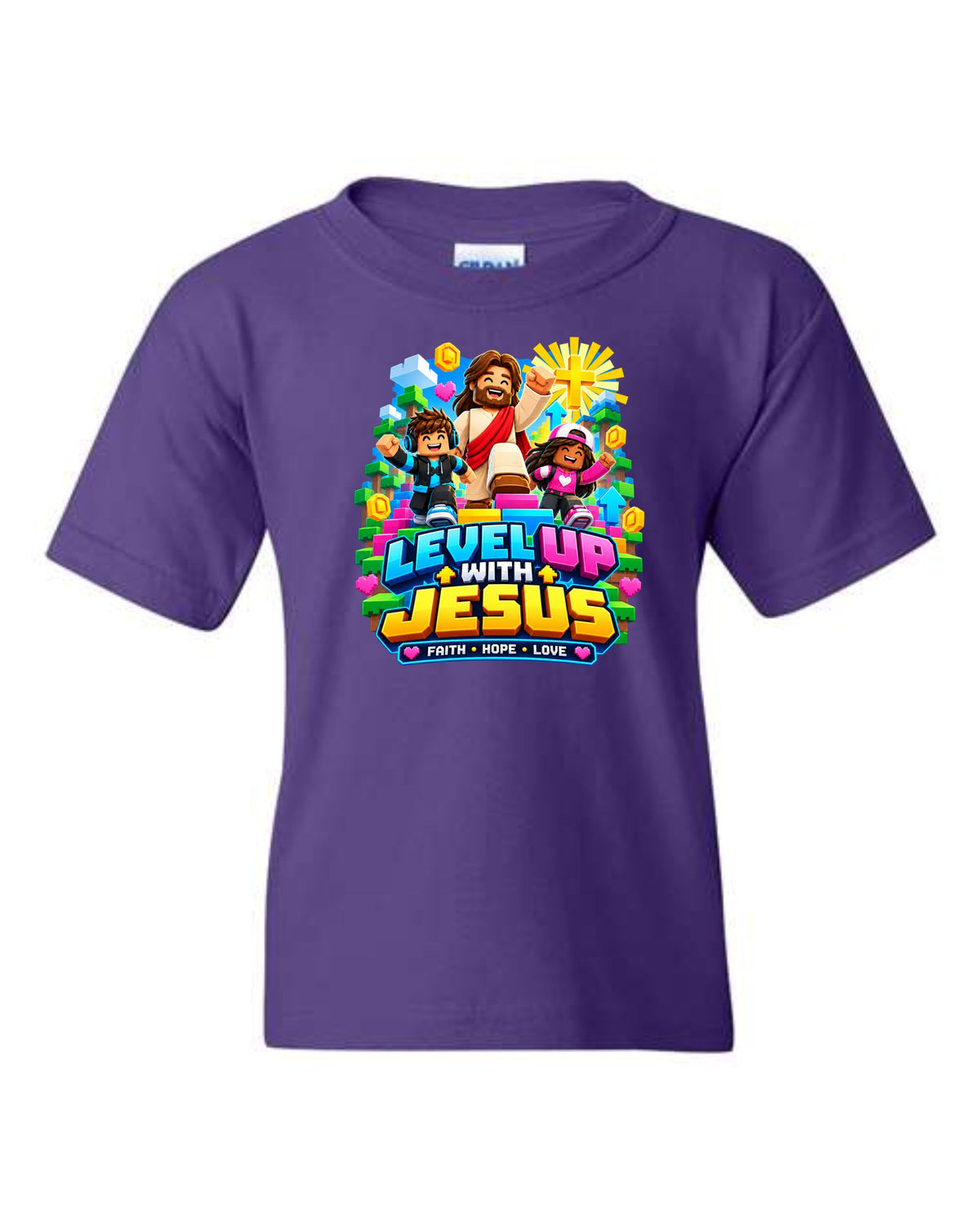 Level Up with Jesus youth graphic T-shirt in purple