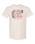 Sand She Is Clothed with Strength and Dignity Proverbs 31:25 t-shirt with pink flowers and butterfly