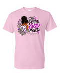 Light pink She Prayed God Moved James 5:16 t-shirt with praying woman and purple flowers