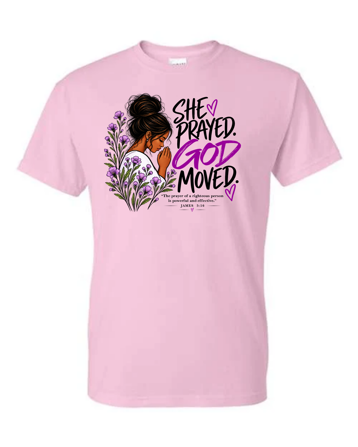 Light pink She Prayed God Moved James 5:16 t-shirt with praying woman and purple flowers