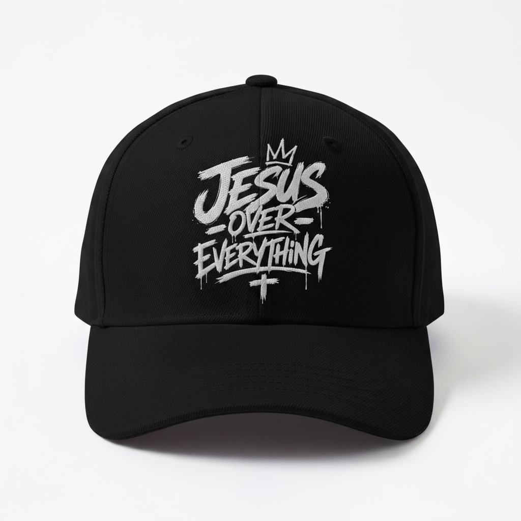 Jesus Over Everything Black Cap - all white lettering